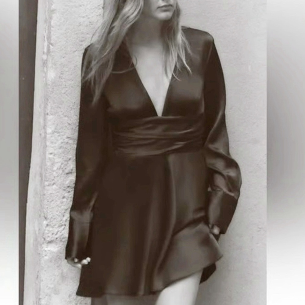 Zara Satin Effect V-neck Black Dress M